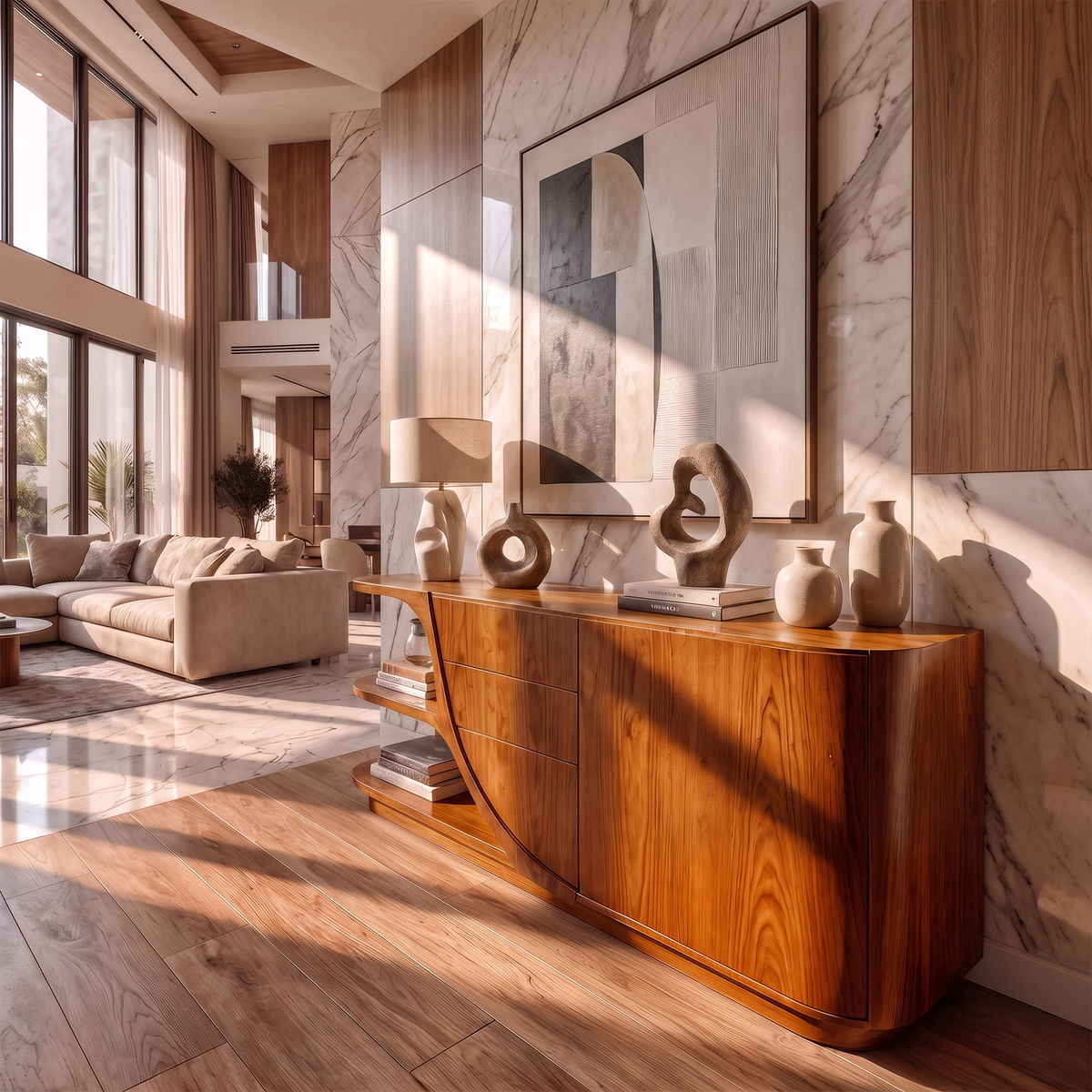 Modern Sideboard With Rounded Frame And Panel Doors For Living Room
