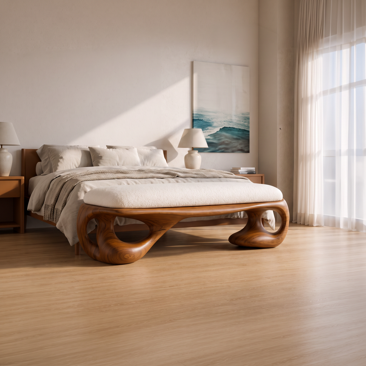 Modern Halloween Upholstered Bench With Sculptural Curved Frame For Bedroom And Entryway