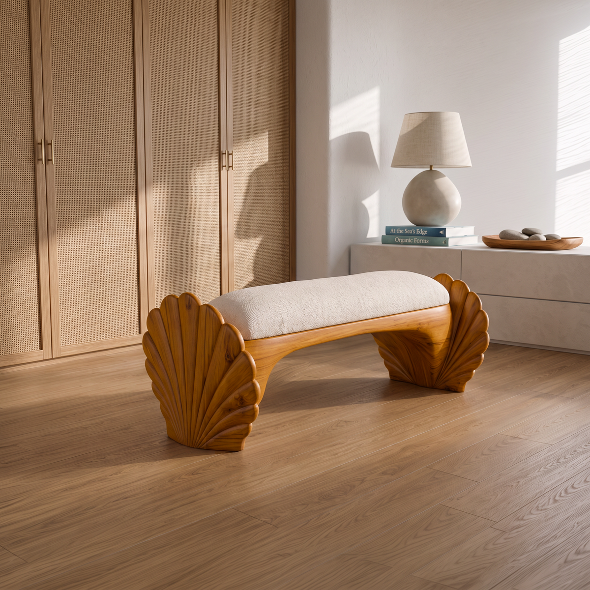 Natural Accent Bench With Seashell Carved Design For Bedroom