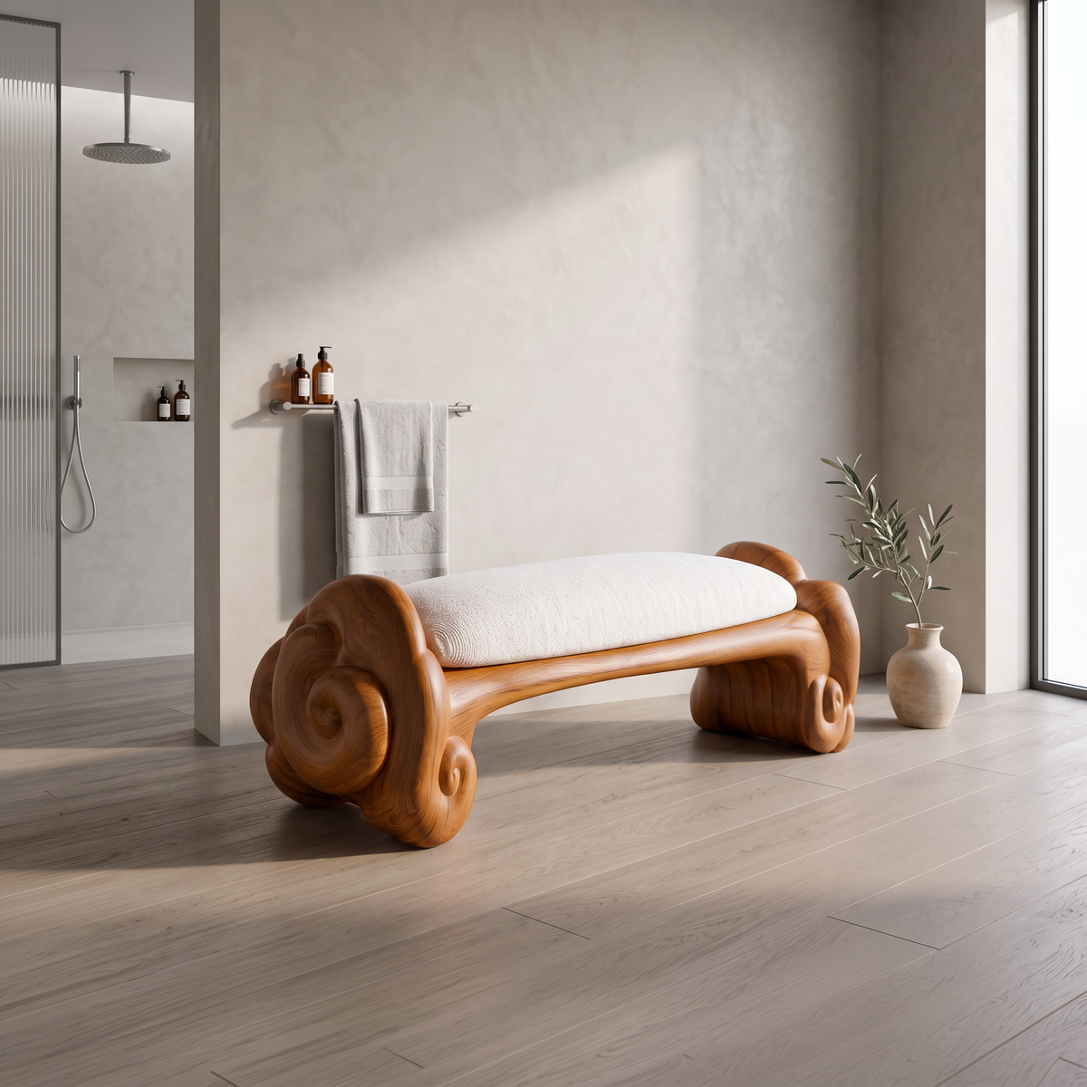 Minimalist Accent Bench With Rounded Cloud Shaped Legs For Bathroom