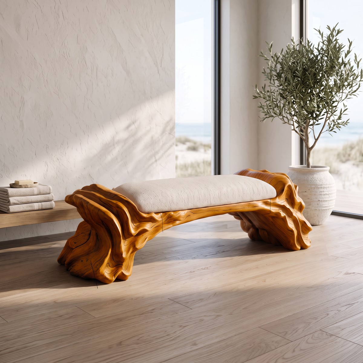 Contemporary Halloween Wood Bench With Oyster Inspired Base For Reading Nook