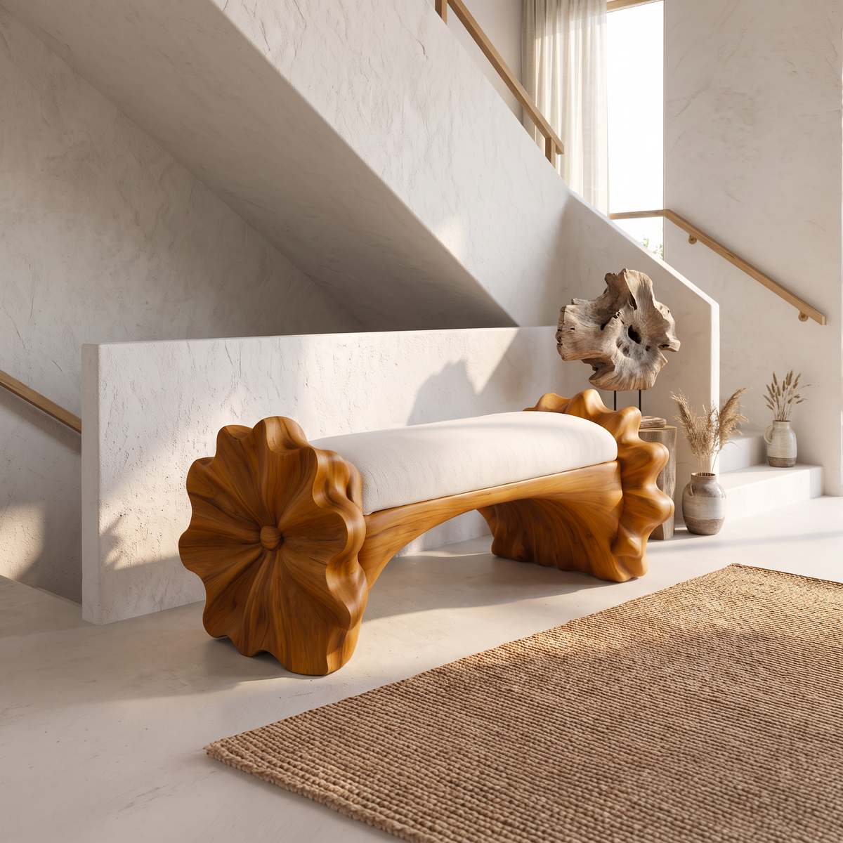 Rustic Halloween Wooden Bench With Conch Inspired Sculptural Base For Hallway