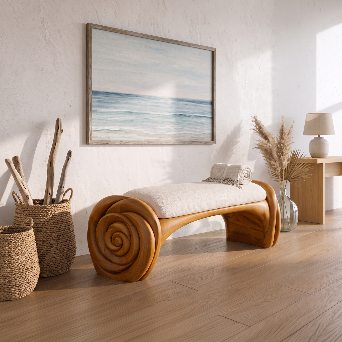 Natural Halloween Accent Bench With Carved Petal Form Legs For Dressing Room
