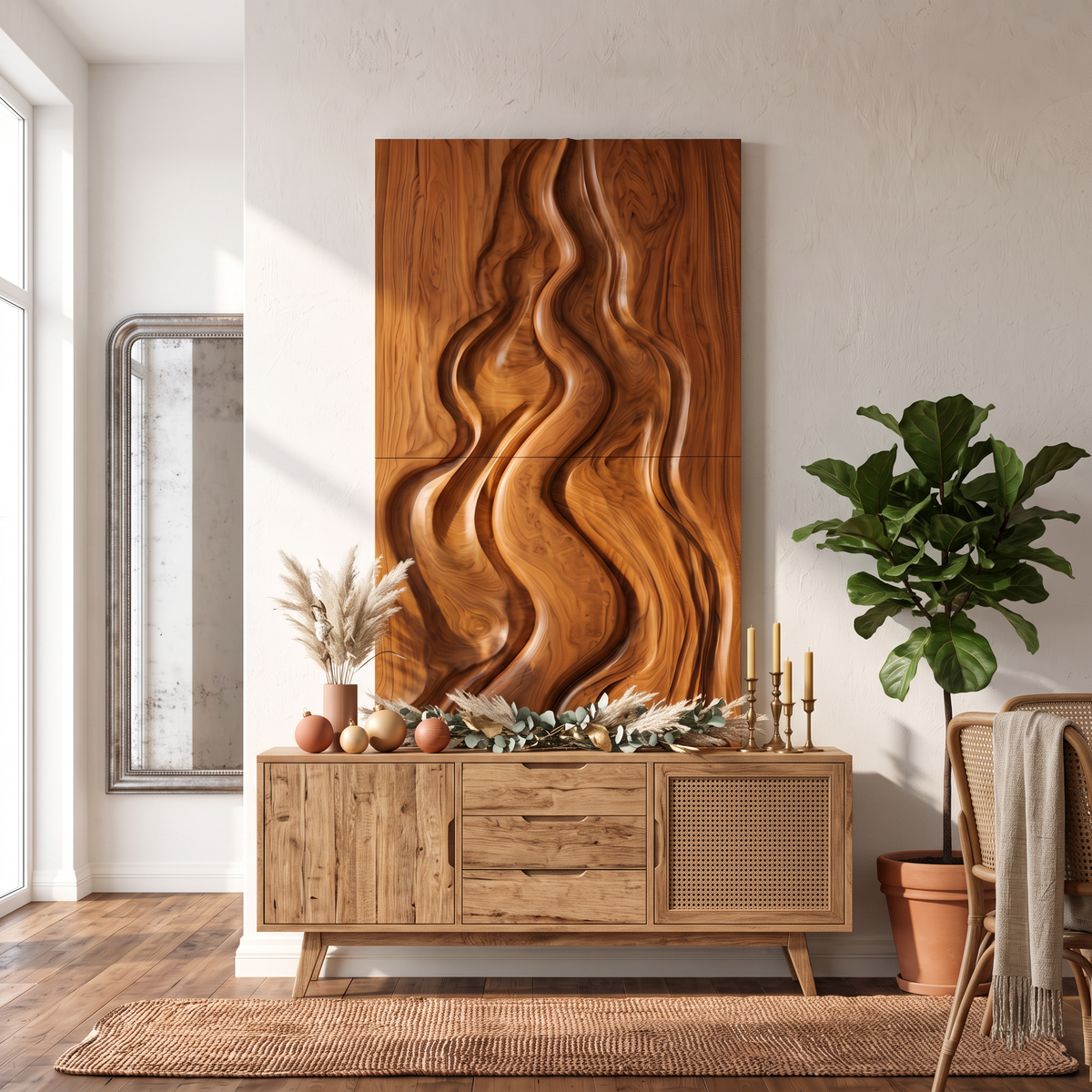 Natural Christmas Abstract Wall Decor With Fluid Carved Design For Bedroom