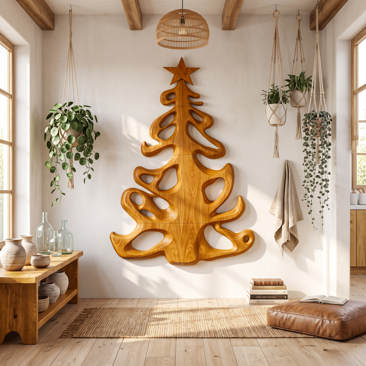 Organic Xmas Wooden Holiday Decor With Fluid Tree Silhouette For Entryway