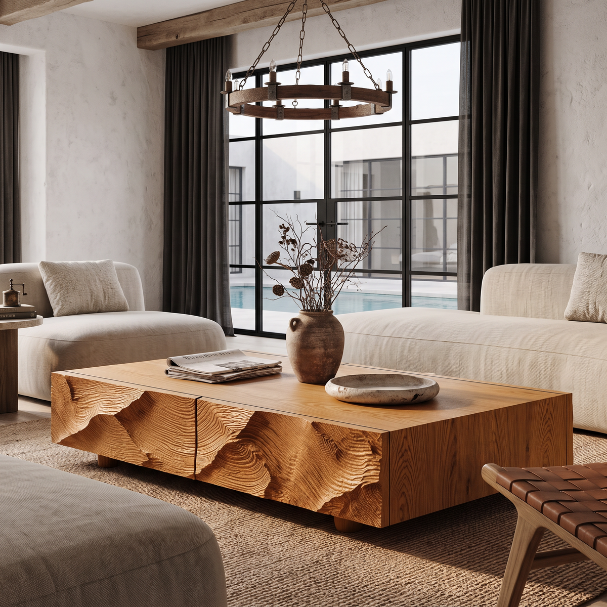Contemporary Coffee Table With Sculptural Carved Drawer Front For Living Room