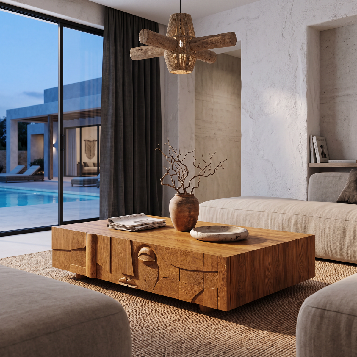 Modern Statement Coffee Table With Textured Relief Drawers For Living Room