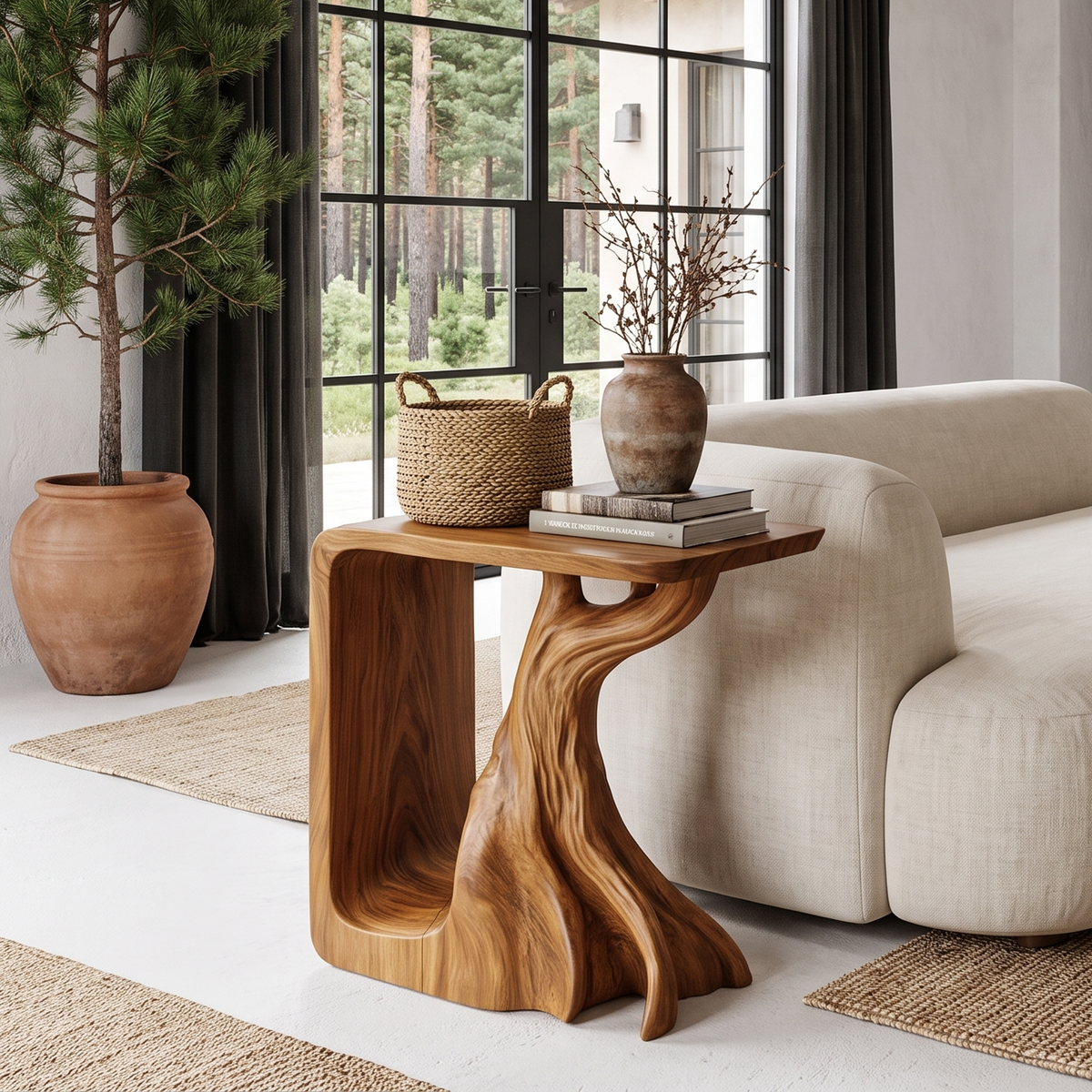 Rustic Sculptural Bedside Table With Root Inspired Base For Living Room