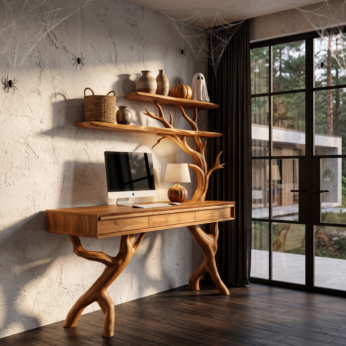 Rustic Tree Branch Desk With Halloween Spider Web Shelves For Home Office