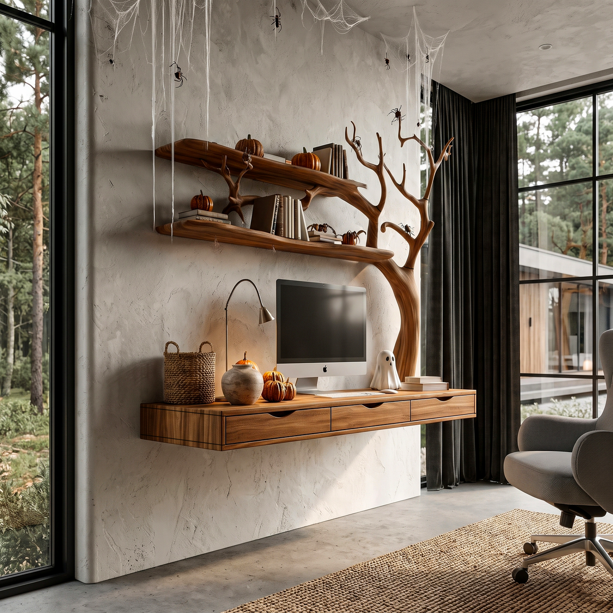 Natural Halloween Desk With Drawers And Spooky Branch Design For Home Office