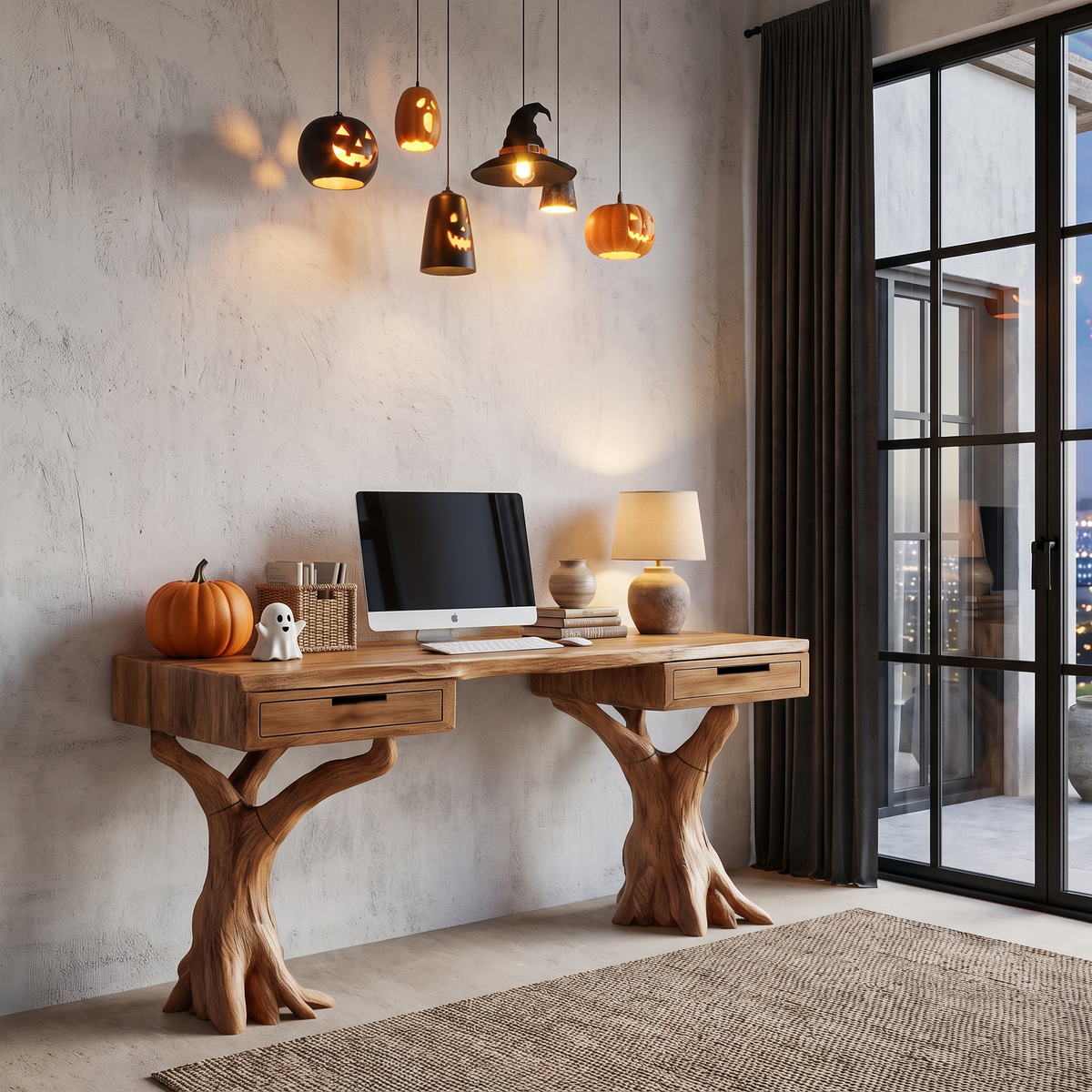 Contemporary Halloween Storage Desk With Pumpkin Display Shelves For Home Office