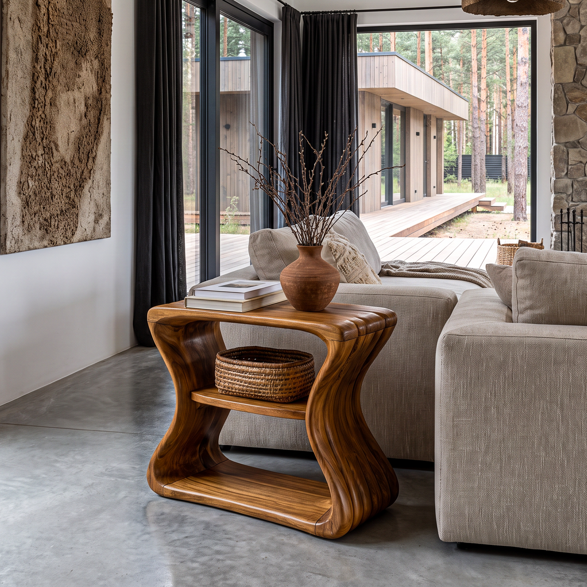 Contemporary Beside Table With Flowing Curved Frame For Living Room
