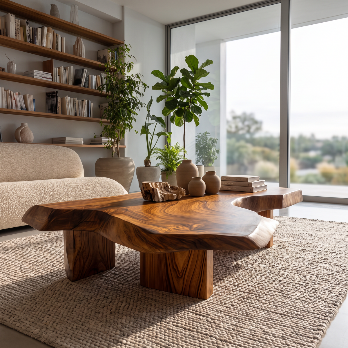 Modern Solid Wood Coffee Table With Sculptural Slab Top For Living Room