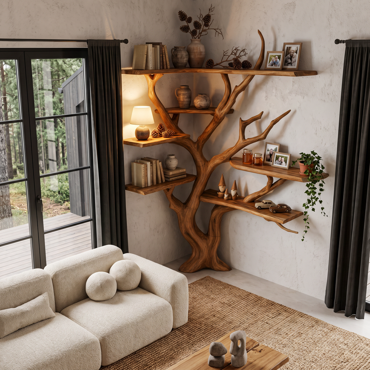 Modern Corner Tree Bookshelf With Asymmetrical Shelves For Living Room