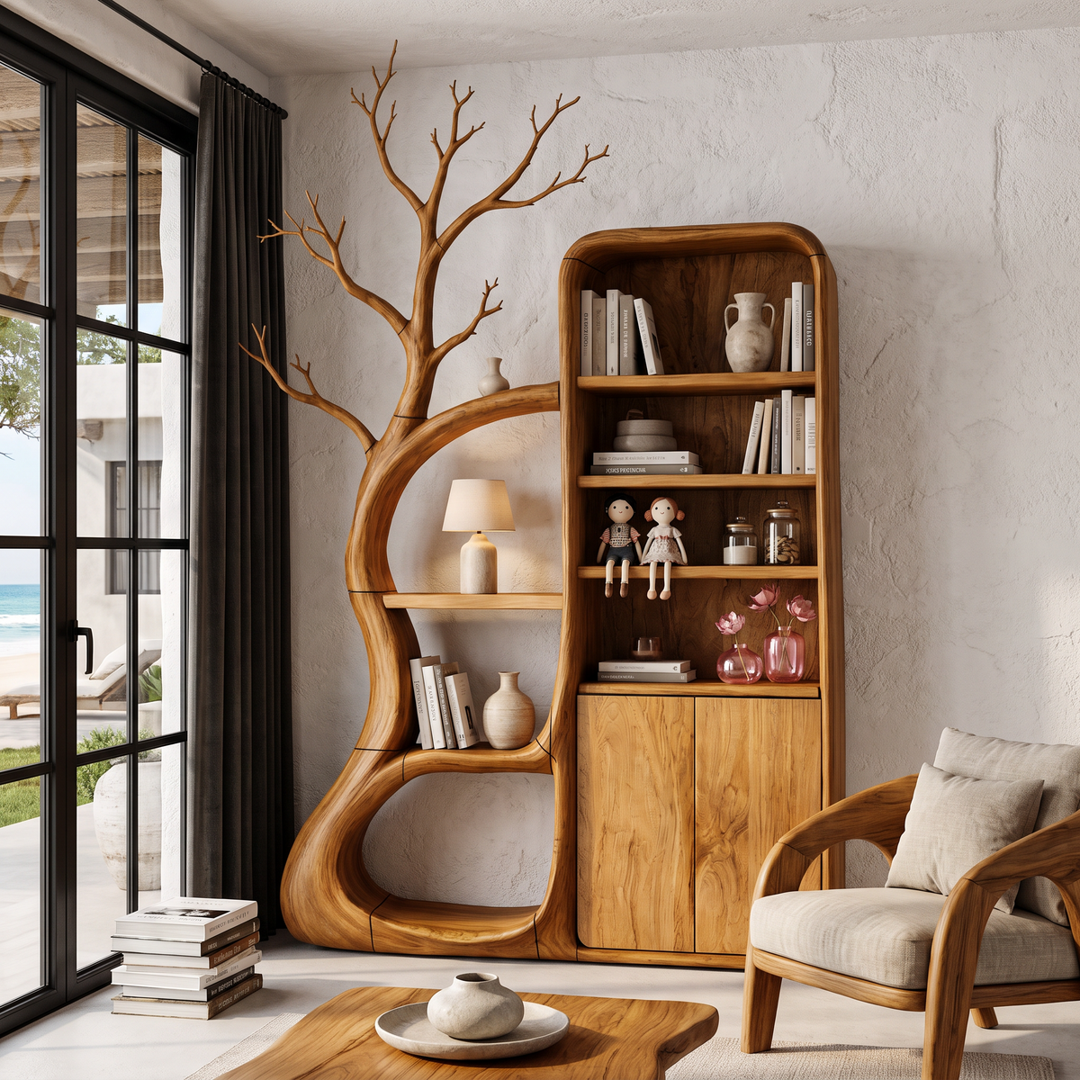 Rustic Tree Cabinet With Branch Inspired Shelving For Reading Room