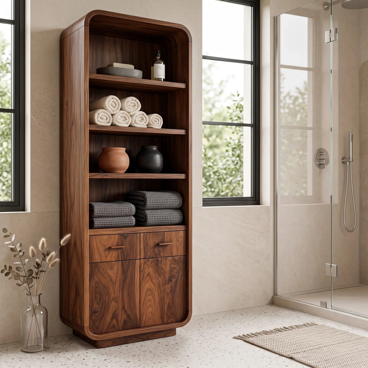 Contemporary Tall Bathroom Cabinet With Open Shelves For Bathroom