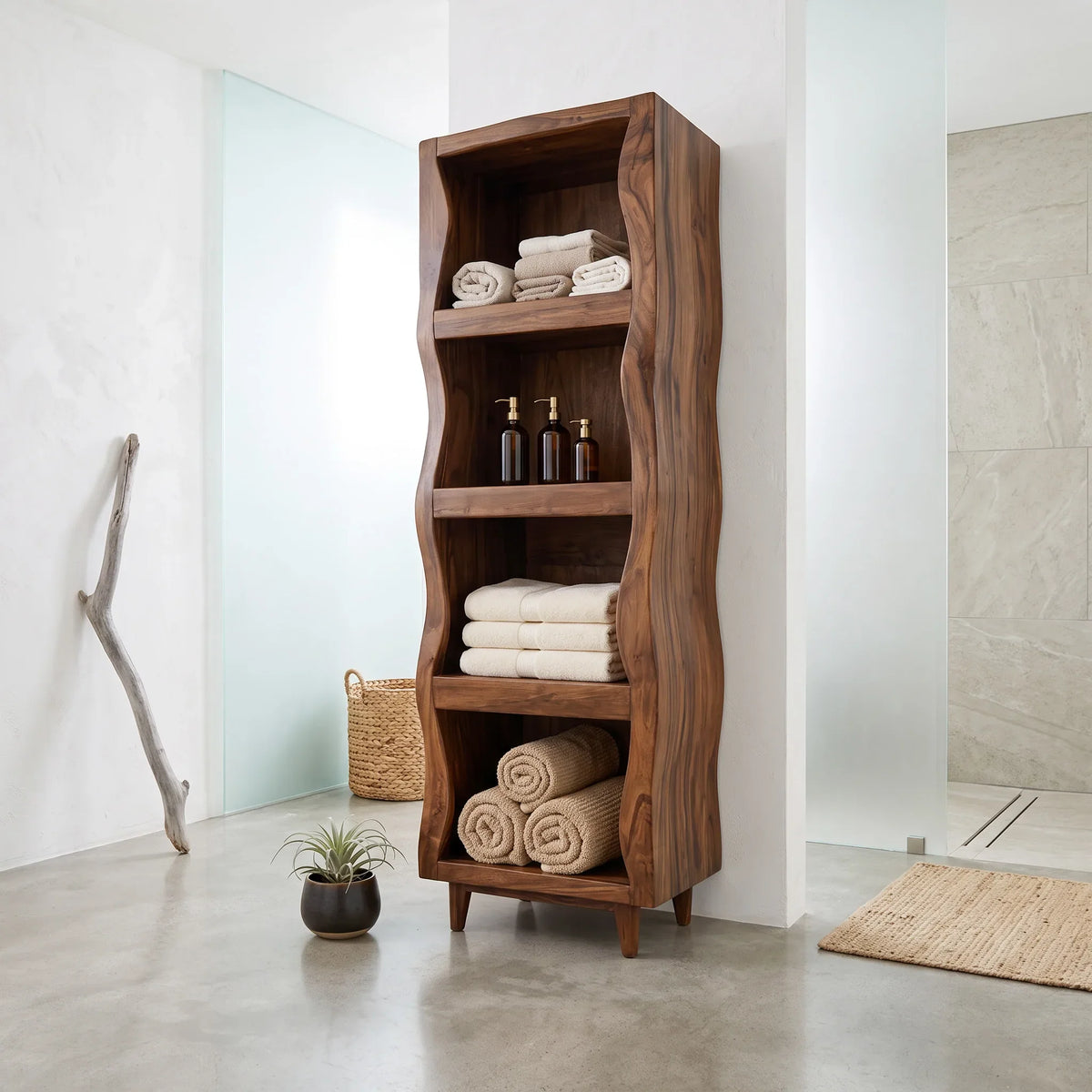 Sculptural Wavy Bathroom Cabinet With Open Shelves For Bathroom