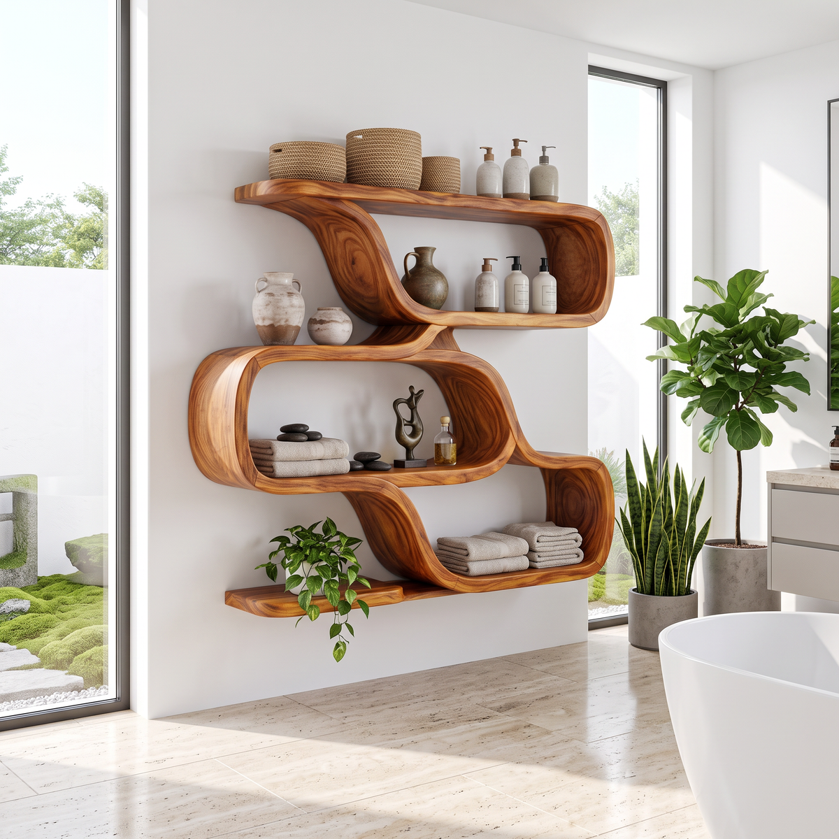 Farmhouse Curved Wood Shelves For Entryway