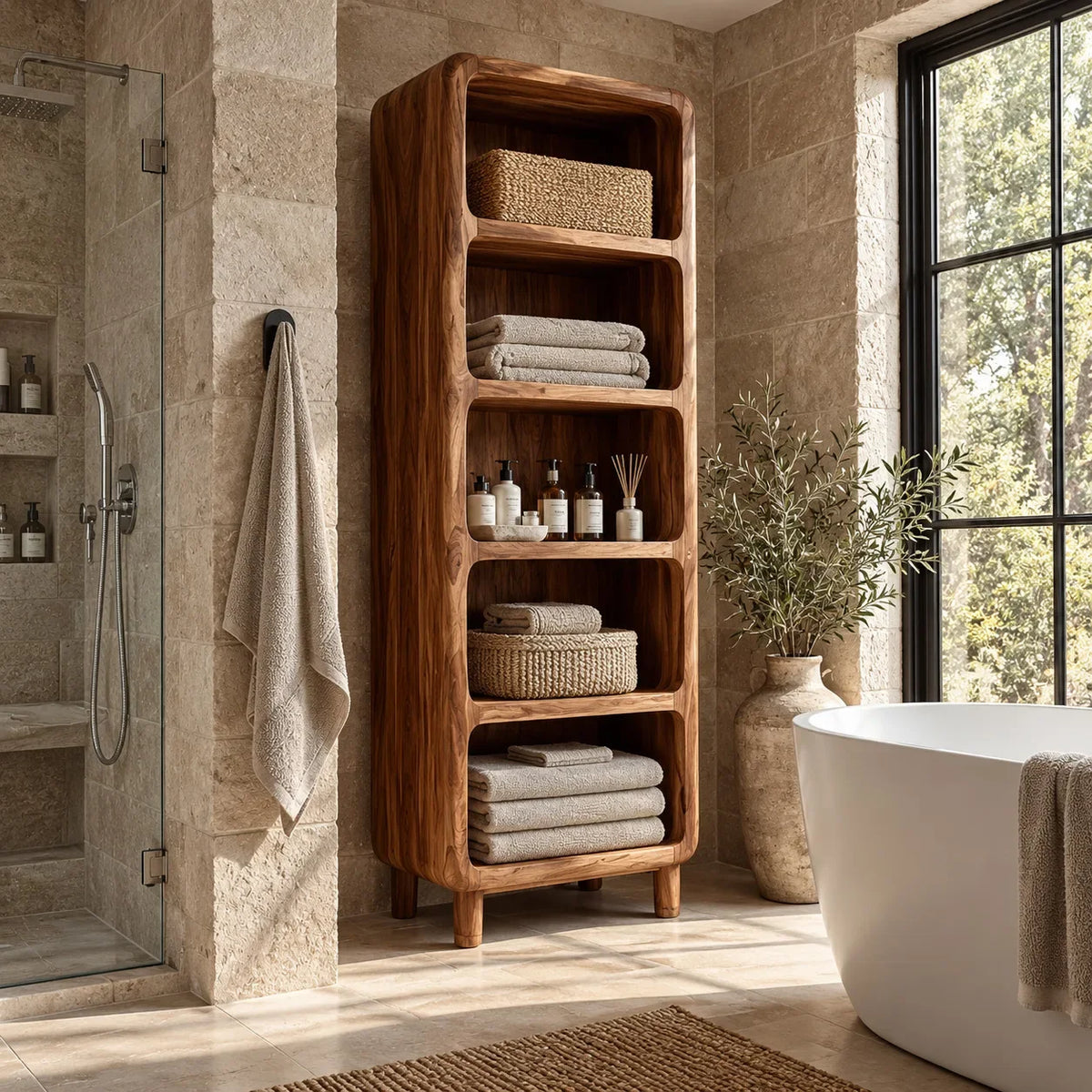 Modern Tall Bathroom Cabinet With Open Towel Shelves For Bathroom