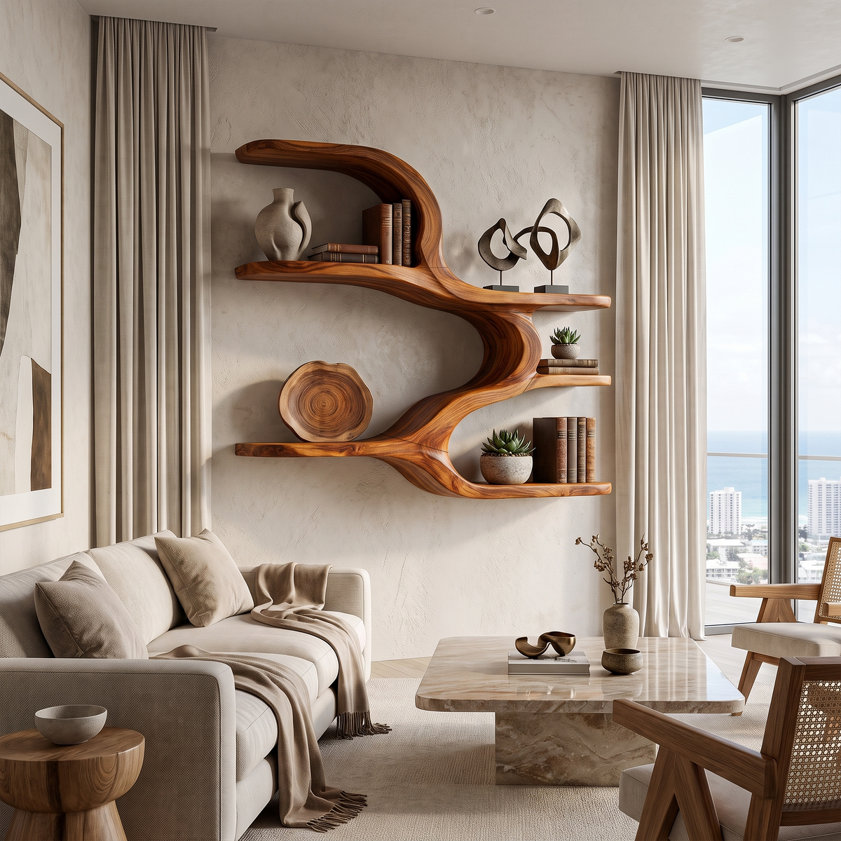 Organic Sculptural Wooden Wall Shelves For Dining Room