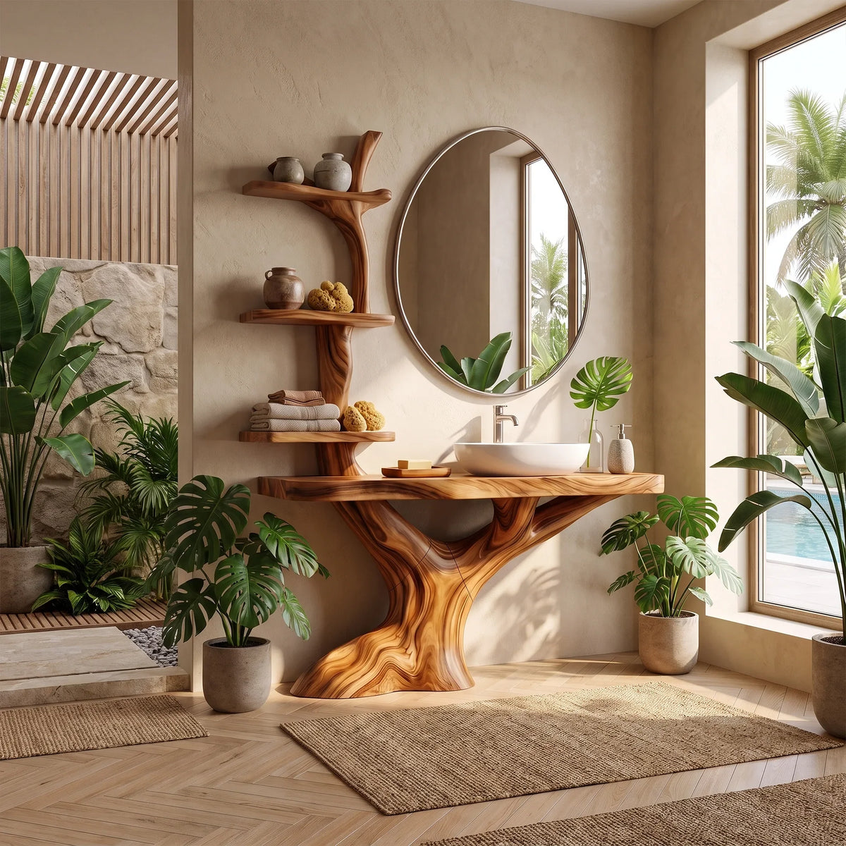 Natural Bathroom Vanity With Sink Wooden Bathroom Vanity Modern Bathroom Vanity Integrated Vertical Shelves For Primary 