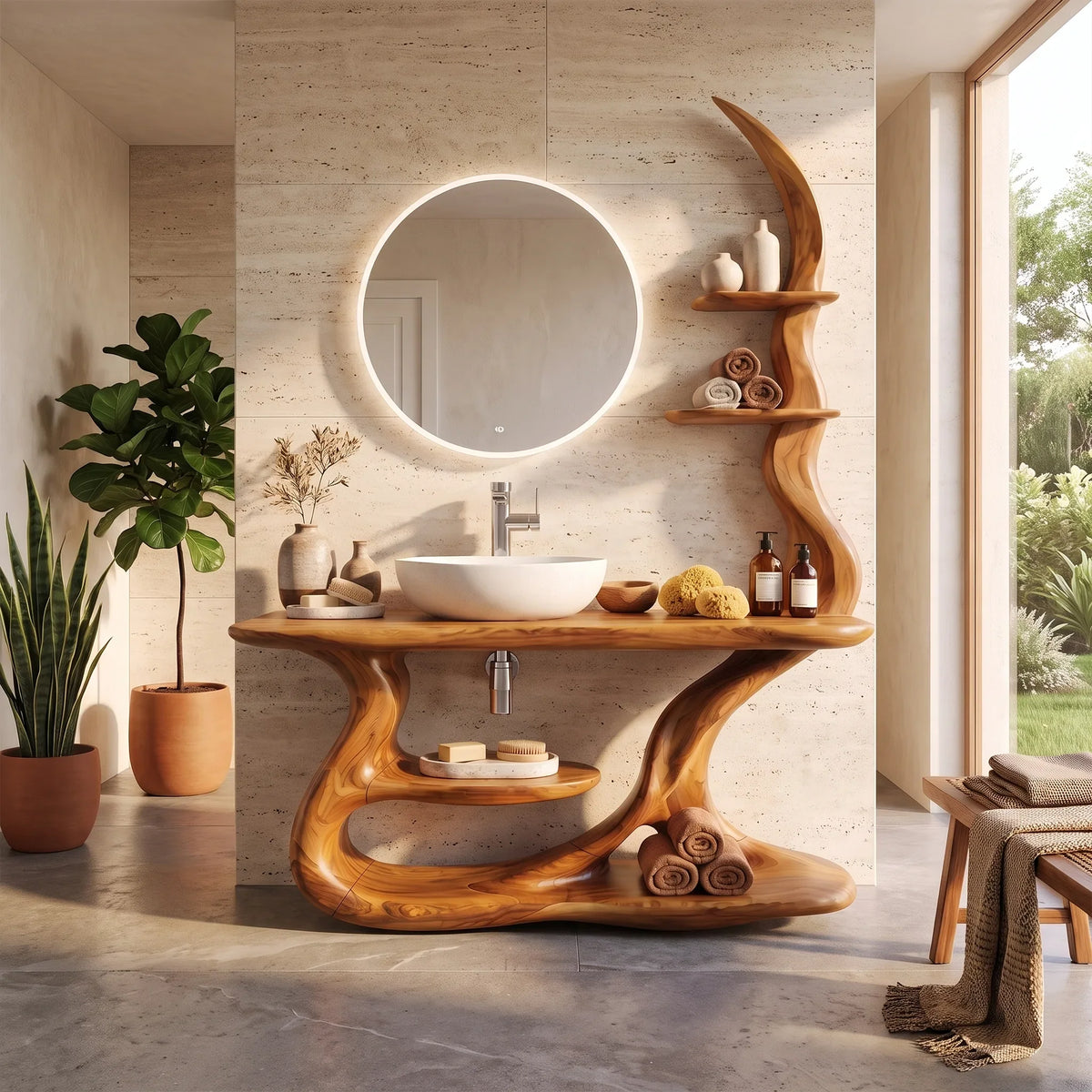 Serene Bathroom Vanity Bathroom Vanity With Sink Modern Bathroom Vanity Curved Open Shelves For Spa Bathroom