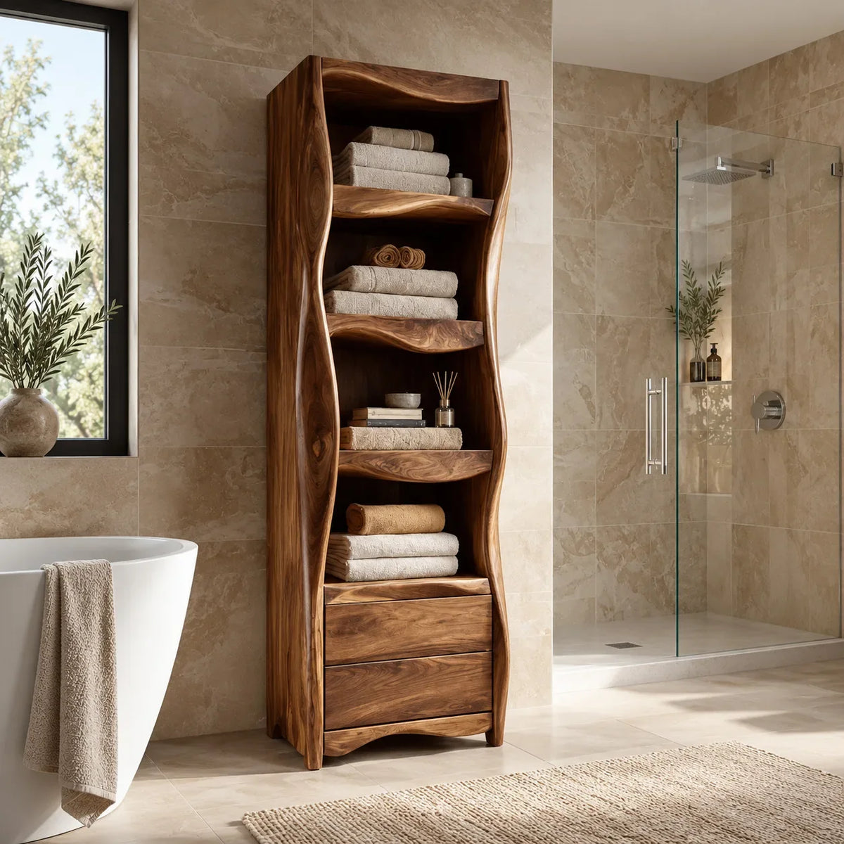 Organic Wavy Bathroom Cabinet With Open Shelves For Bathroom