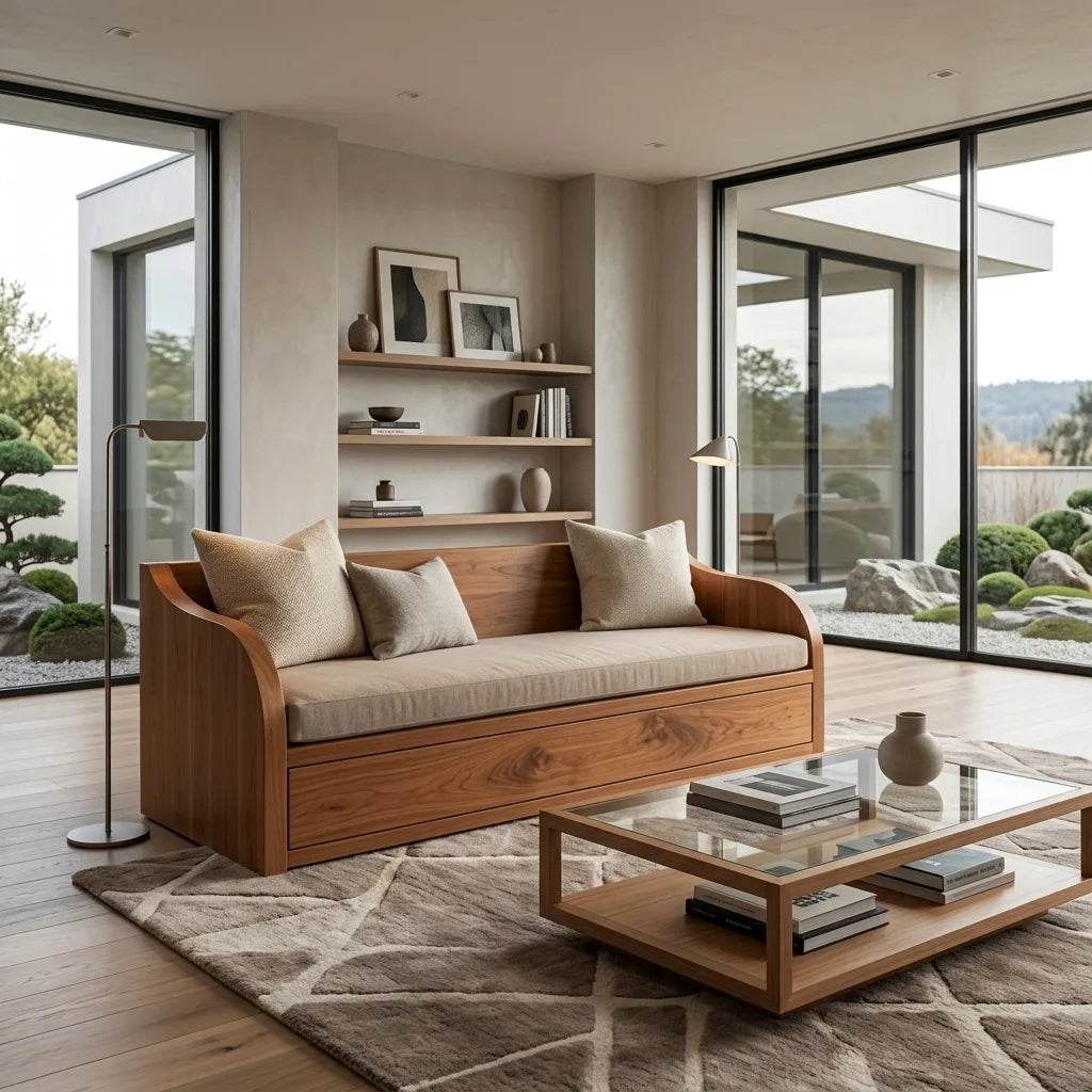 Contemporary Wooden Sofa With Long Drawer For Living Room