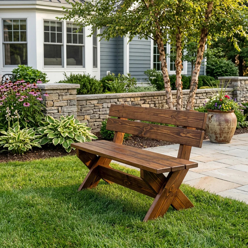 Modern Wooden Bench With X-shaped Legs For Garden