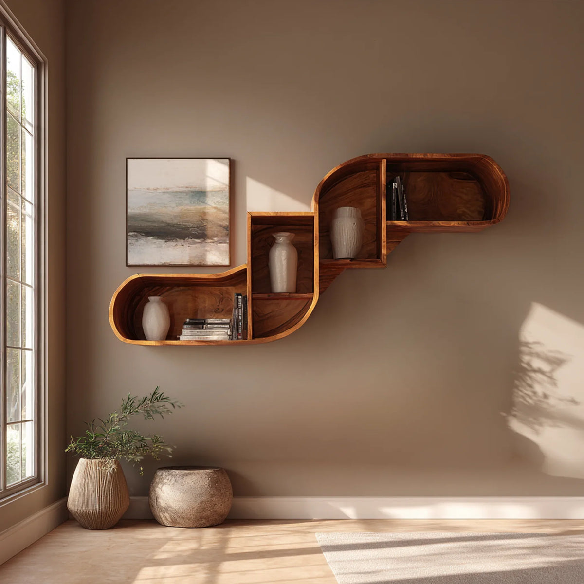 Mid Century Curved Wood Shelves For Home Bar