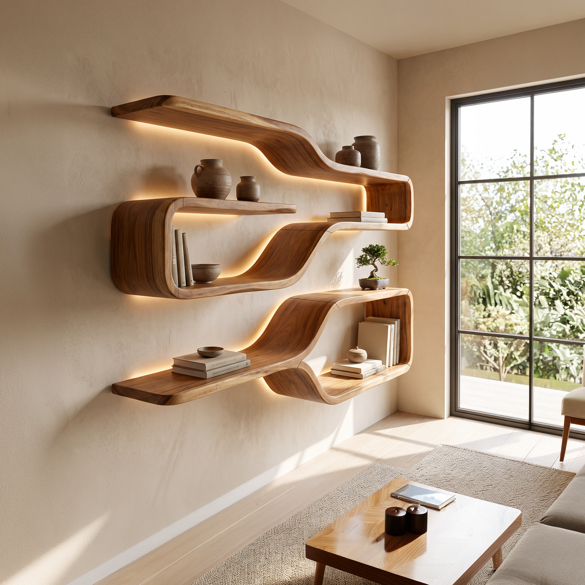 Mid Century Live Edge Wood Shelves For Dining Room