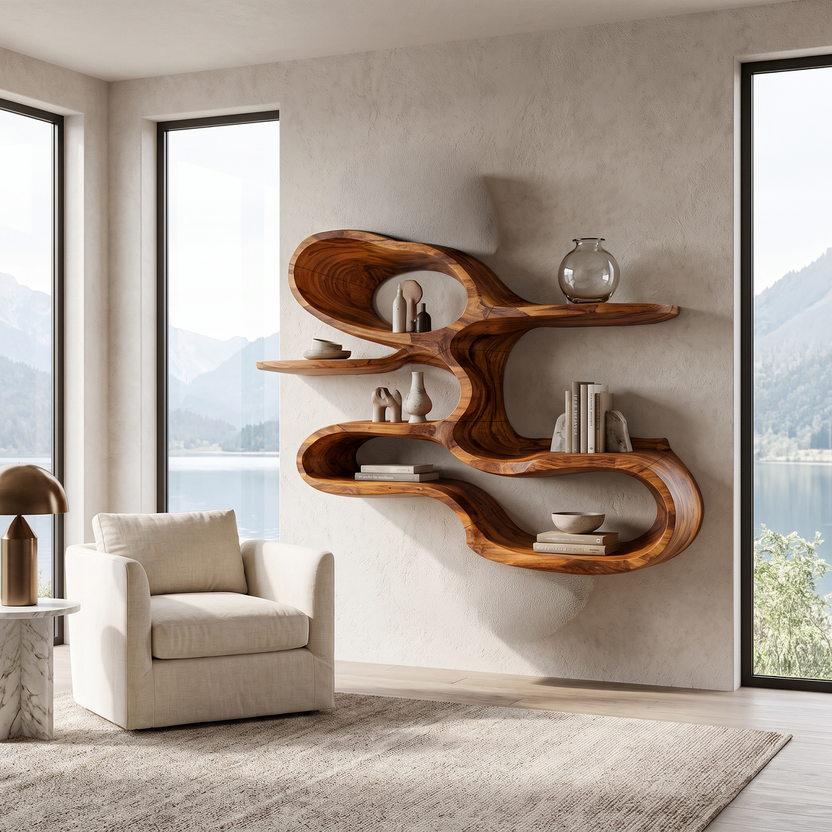 Modern Sculptural Wooden Wall Shelves For Coffee Bar