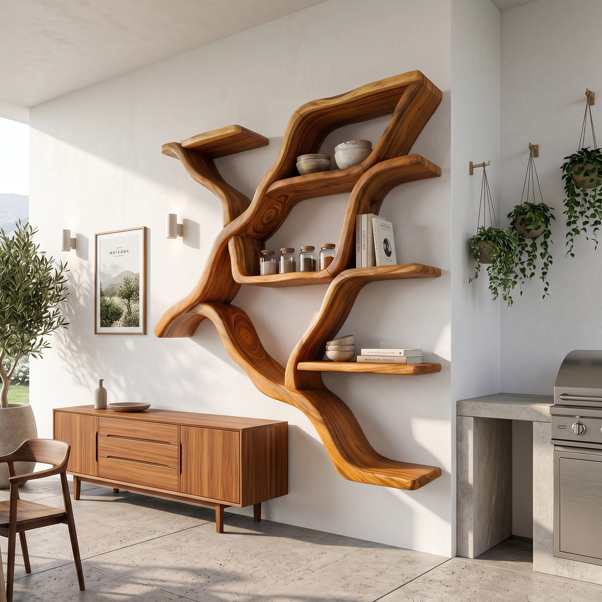 Organic Tree Branch Wall Mounted Shelves For Kitchen
