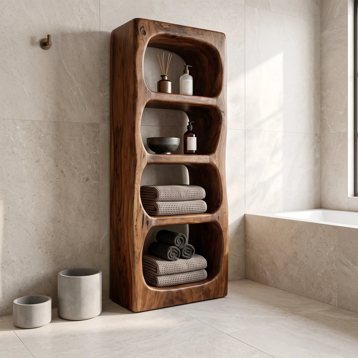 Organic Bathroom Cabinet With Rounded Open Storage Shelves For Bathroom
