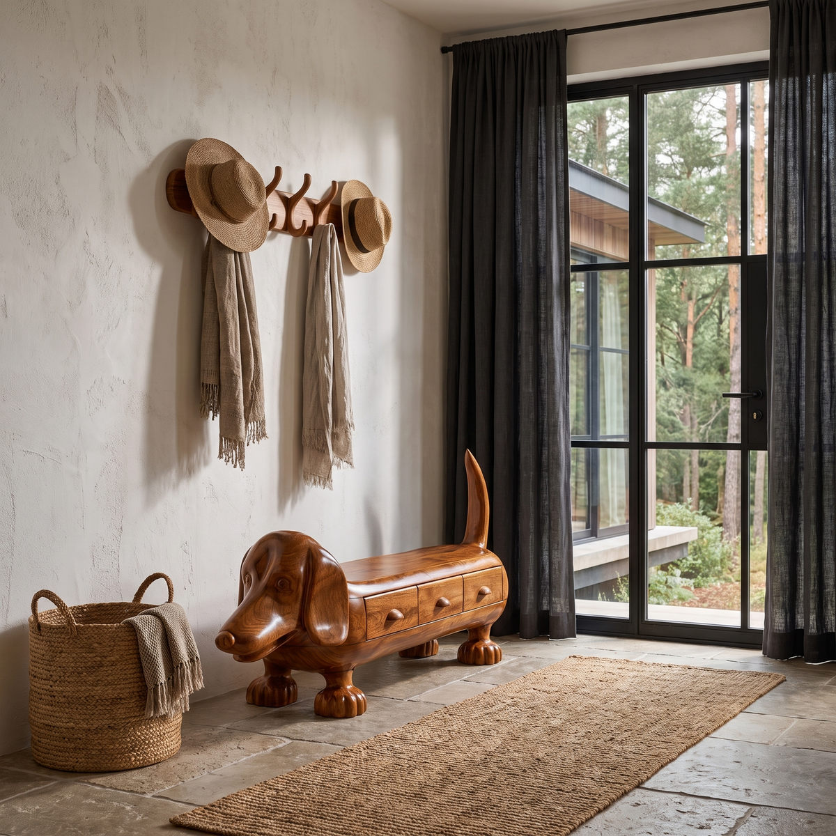 Rustic Dachshund Storage Bench For Entryway And Mudroom