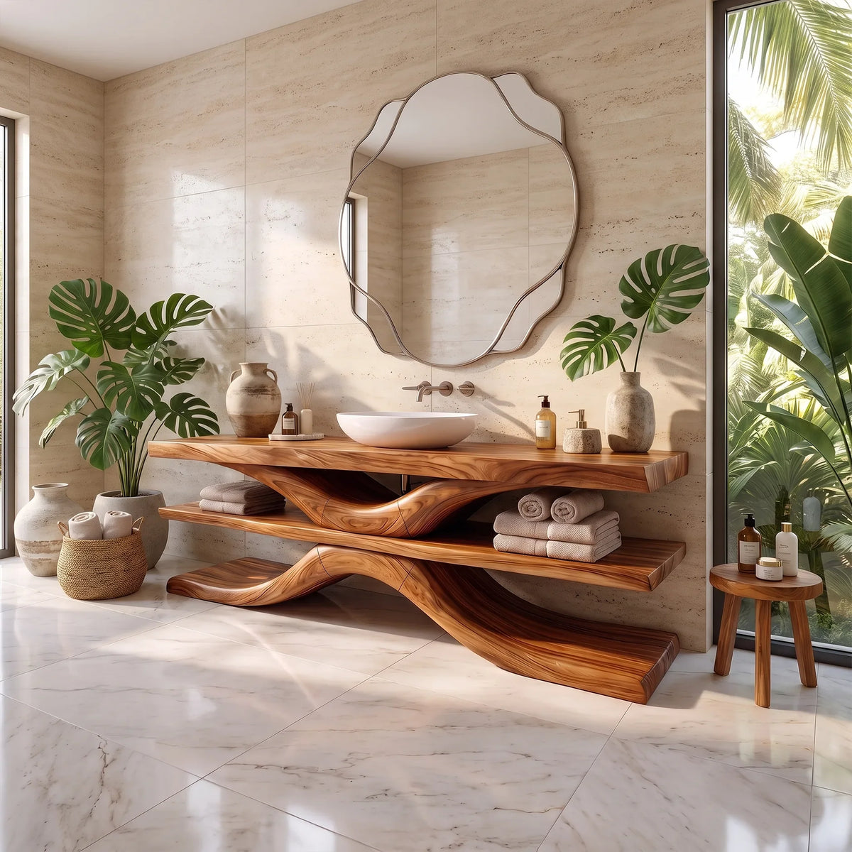 Sculptural Bathroom Vanity With Sink Modern Bathroom Vanity Wooden Bathroom Vanity Layered Open Shelves For Spa Bathroom