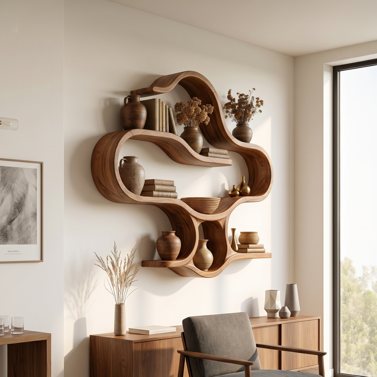 Boho Wooden Wall Mounted Display Shelves For Living Room