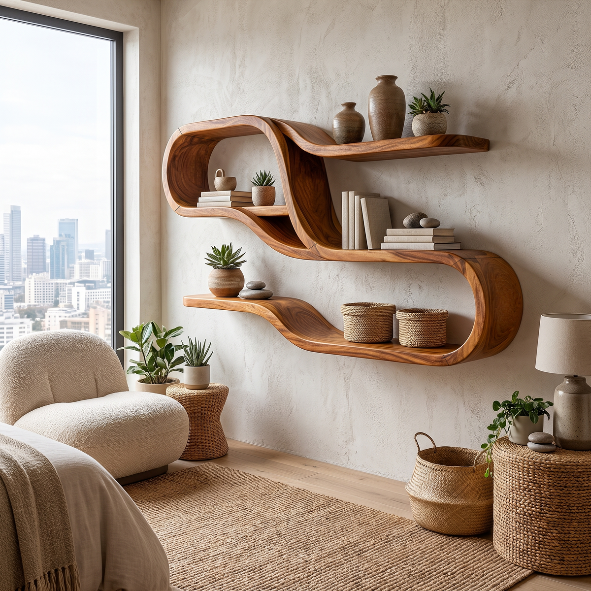 Mid Century Modern Wooden Display Shelves For Bedroom