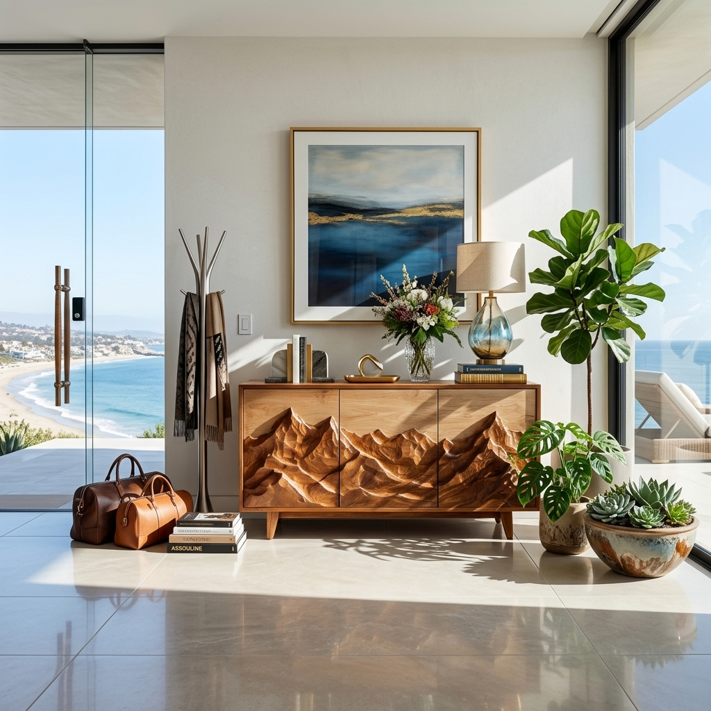 Modern Wood Sideboard With Mountain Relief For Home Interior