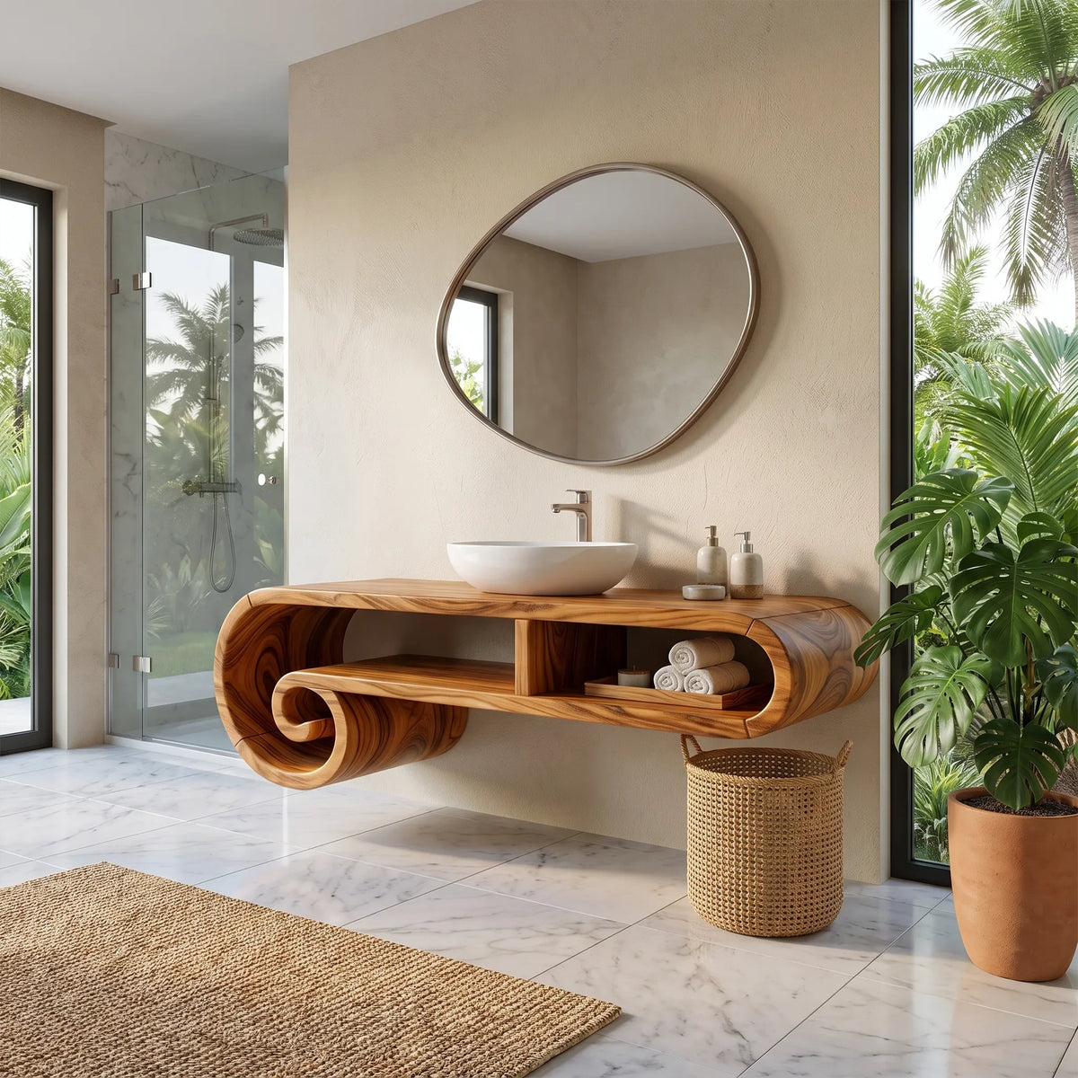 Serene Floating Bathroom Vanity Floating Bathroom Vanity With Sink Modern Bathroom Vanity Curved Open Storage For Spa Ba