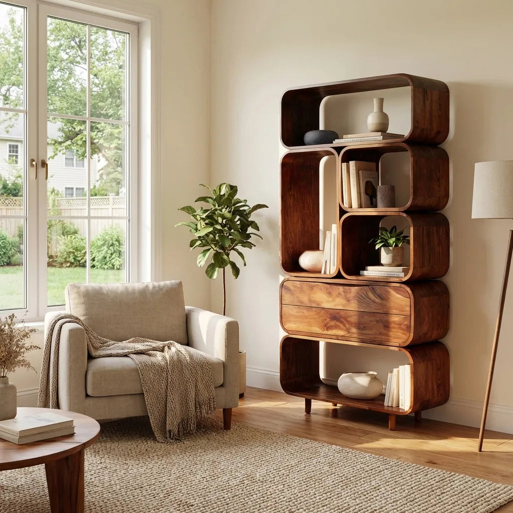 Mid Century Bookshelf With Rounded Compartments For Living Room
