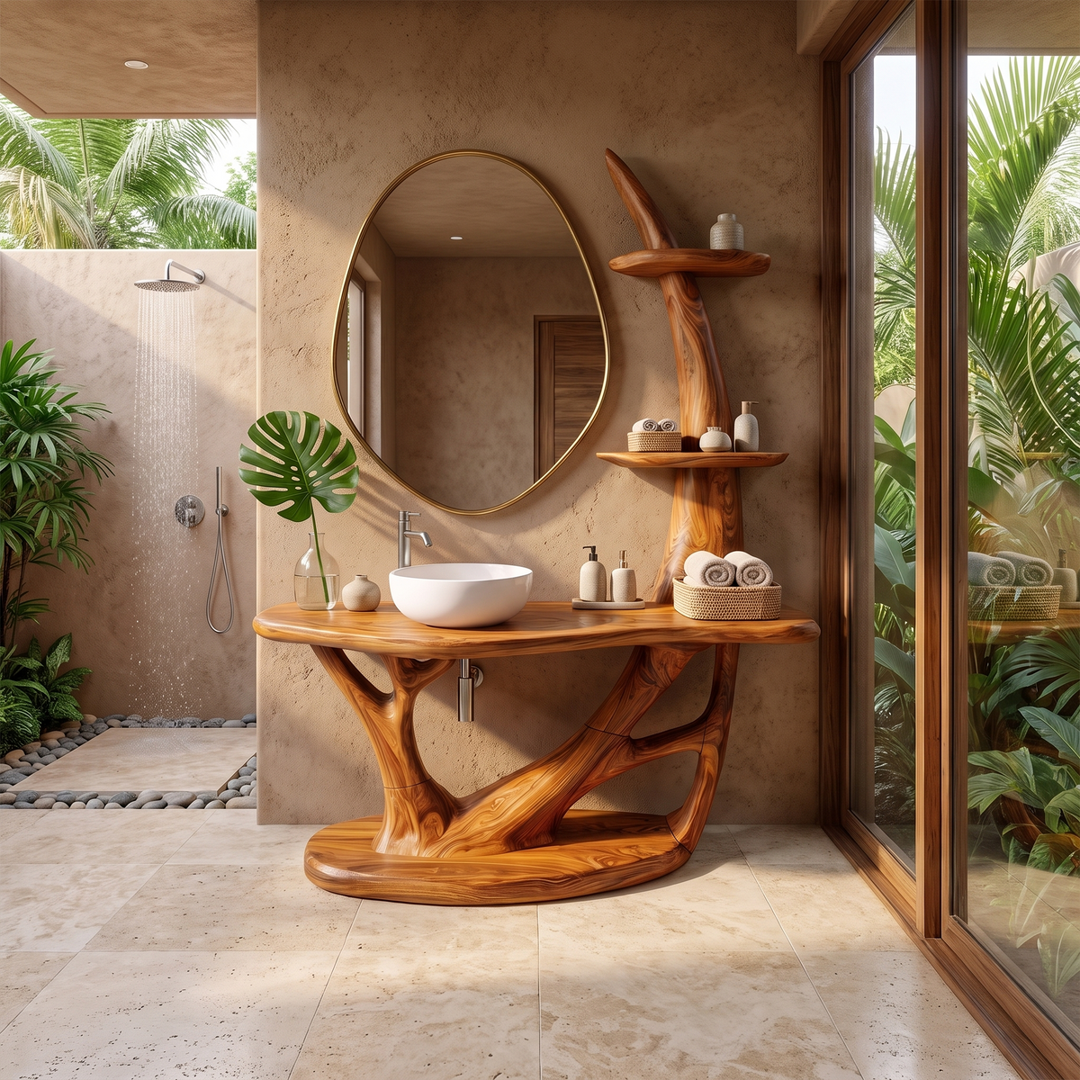 Sculptural Freestanding Bathroom Vanity Bathroom Vanity With Sink Modern Bathroom Vanity Integrated Side Shelves For Spa