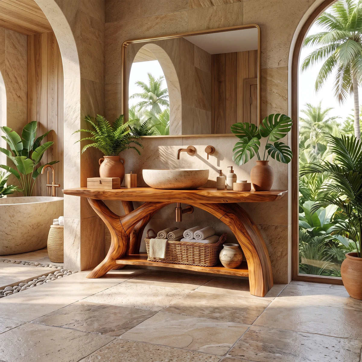 Elegant Solid Wood Bathroom Vanity Single Bathroom Vanity With Sink Open Shelf Design For Luxury Bathroom
