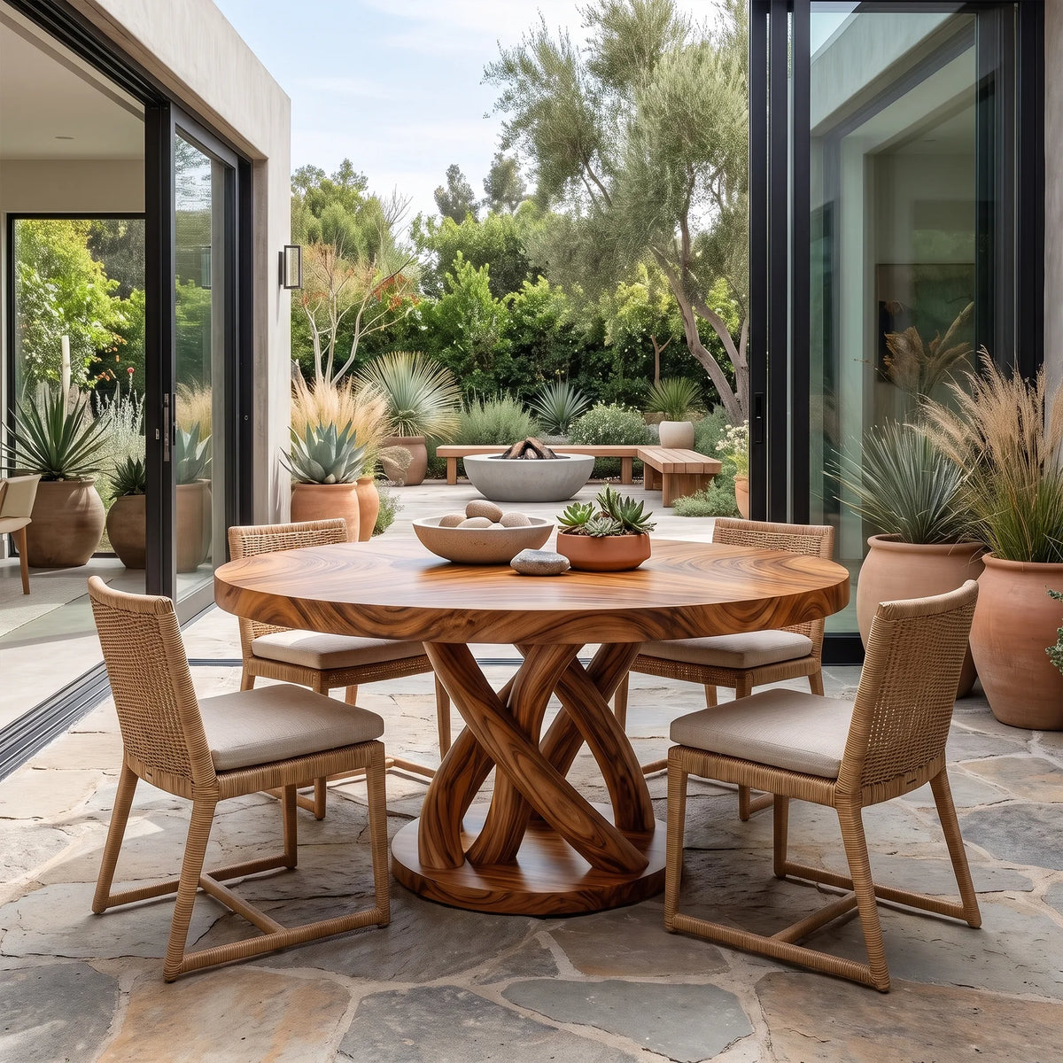 Sculptural Round Dining Table Modern Dining Room Table Woven Base For Dining Room