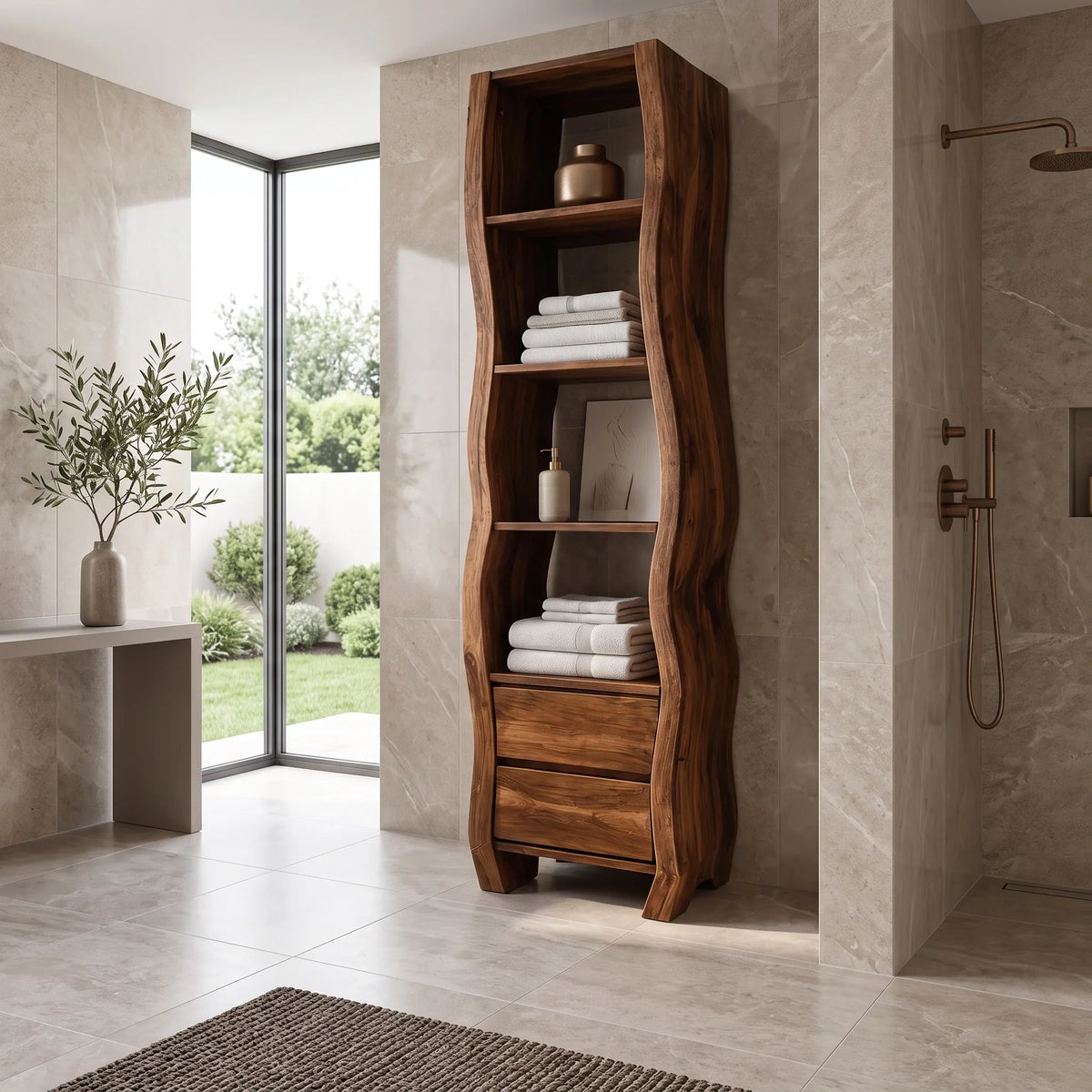 Sculptural Bathroom Cabinet With Open Shelves And Drawers For Bathroom