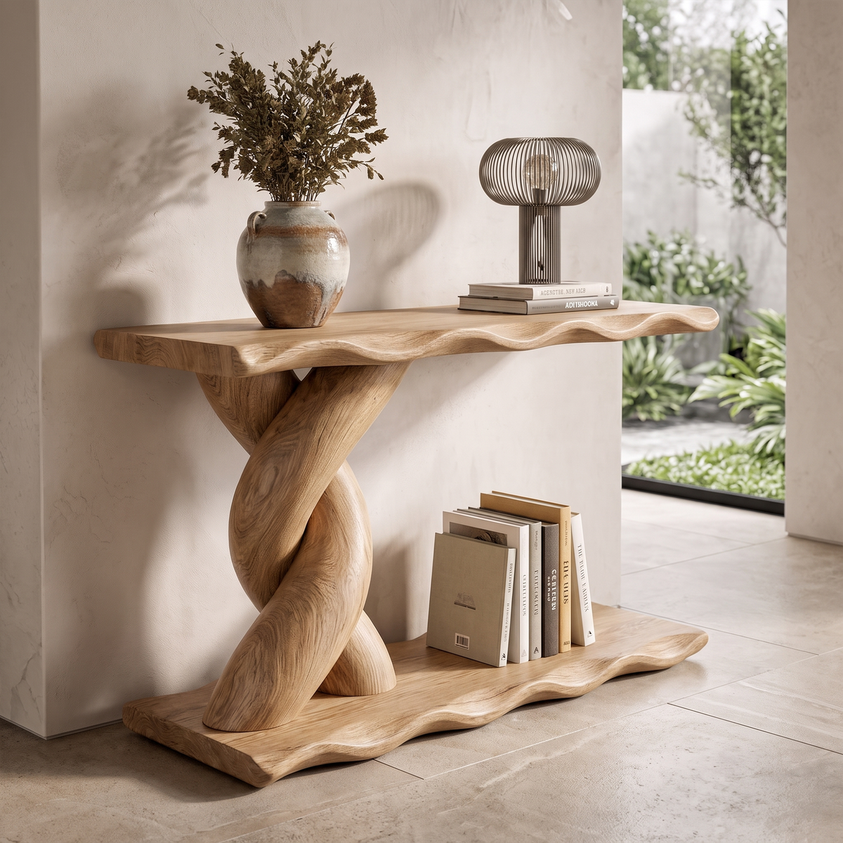 Contemporary Console Table With Spiral Base And Lower Display Shelf For Living Room