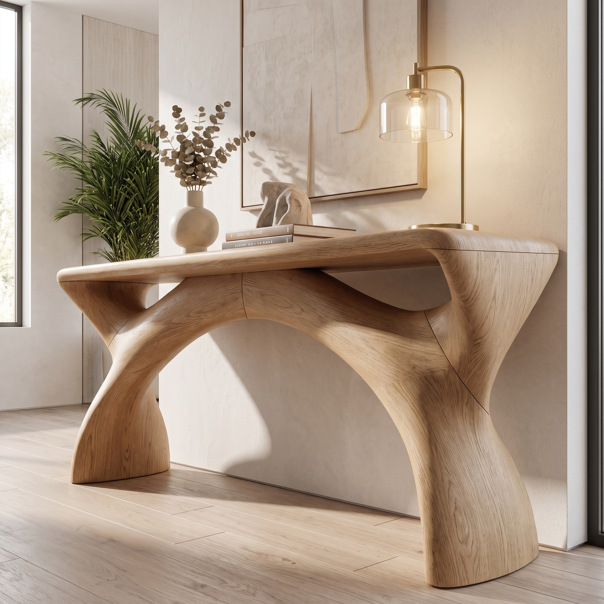 Mid Century Console Table With Flowing Curved Frame For Entryway