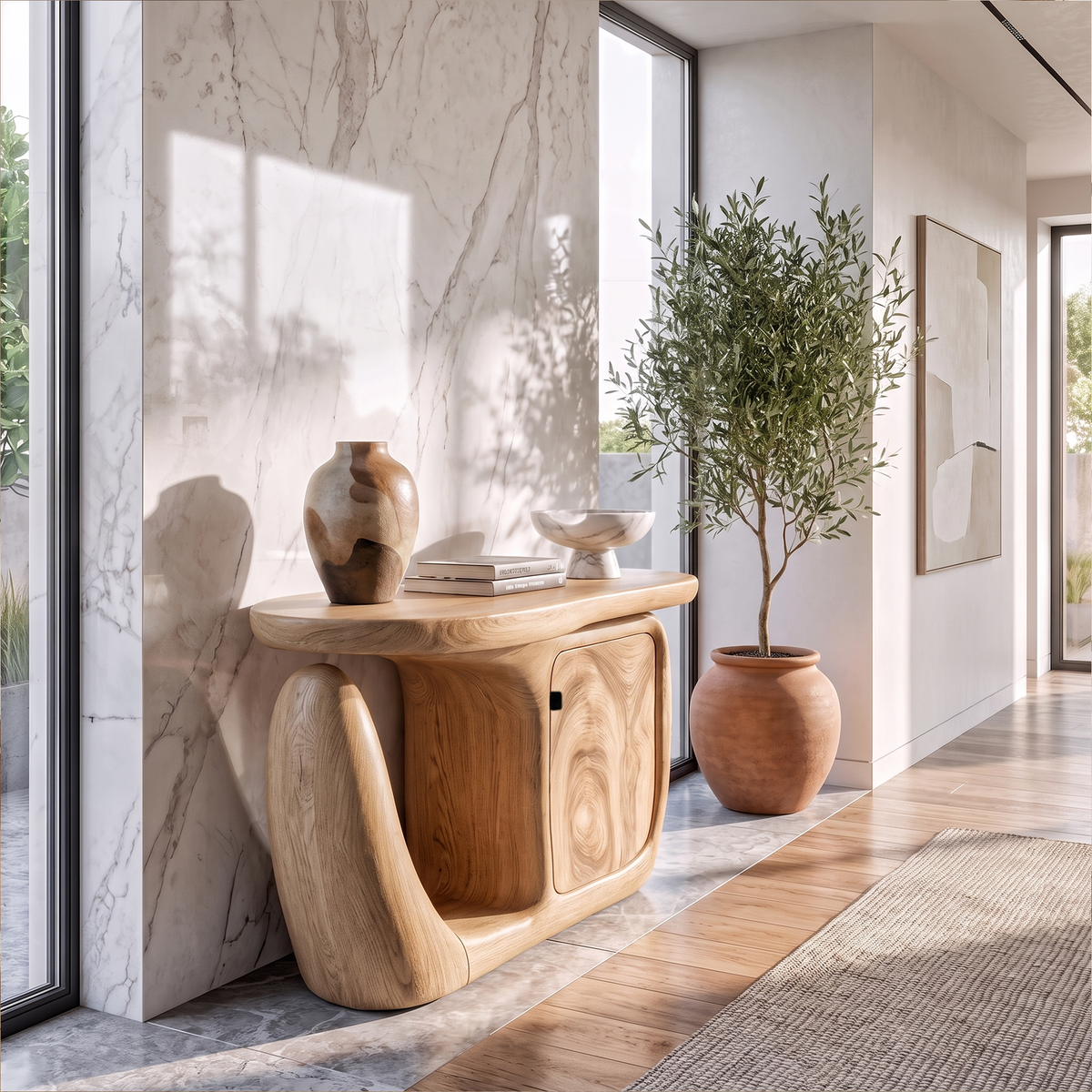 Contemporary Console Table With Sculptural Base And Storage For Entryway