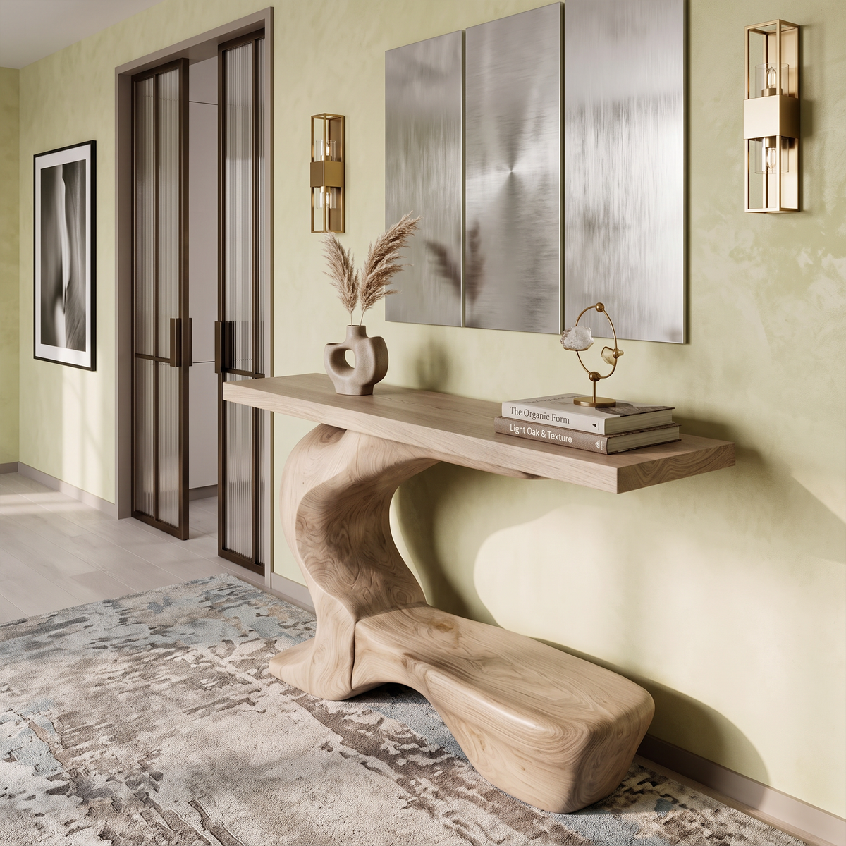Rustic Sculptural Console Table With Curved Base For Entryway