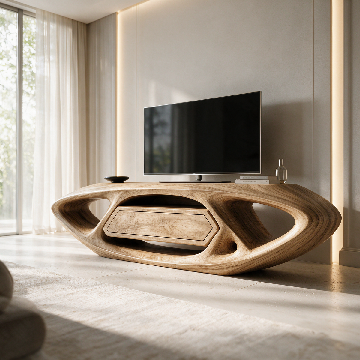 Contemporary TV Cabinet With Sculptural Oval Frame And Open Storage For Living Room